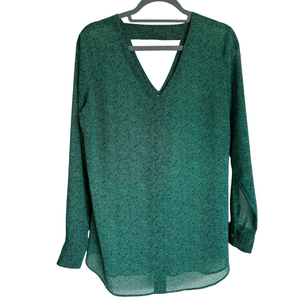 •CAbi Bountiful Sheer Blouse. Green & Navy. Size M - Picture 5 of 10